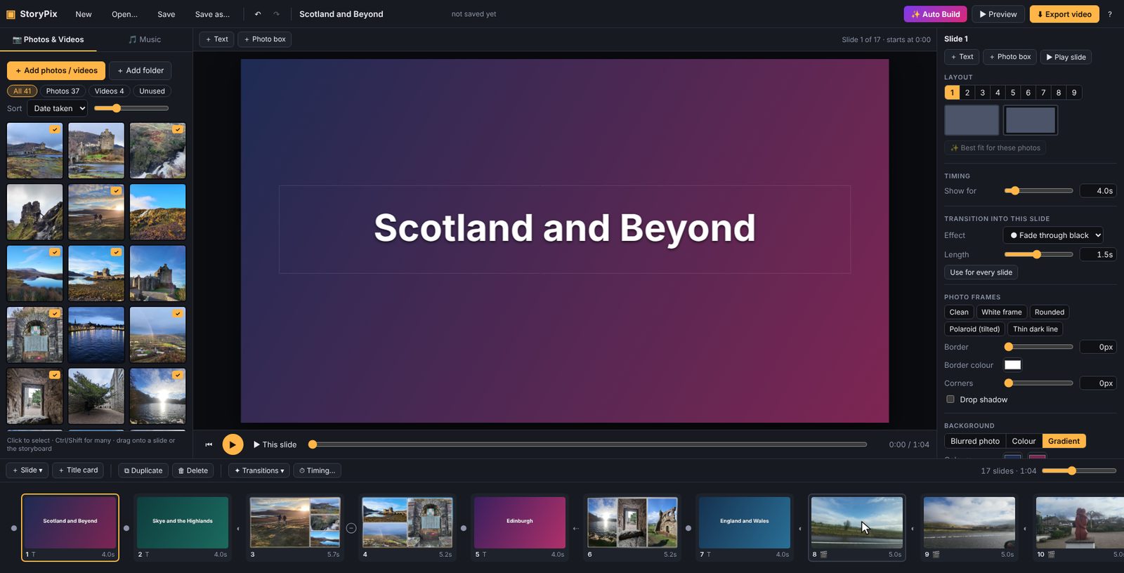 The StoryPix editor after building: photo library on the left, the opening title slide in the centre, settings on the right and the storyboard along the bottom