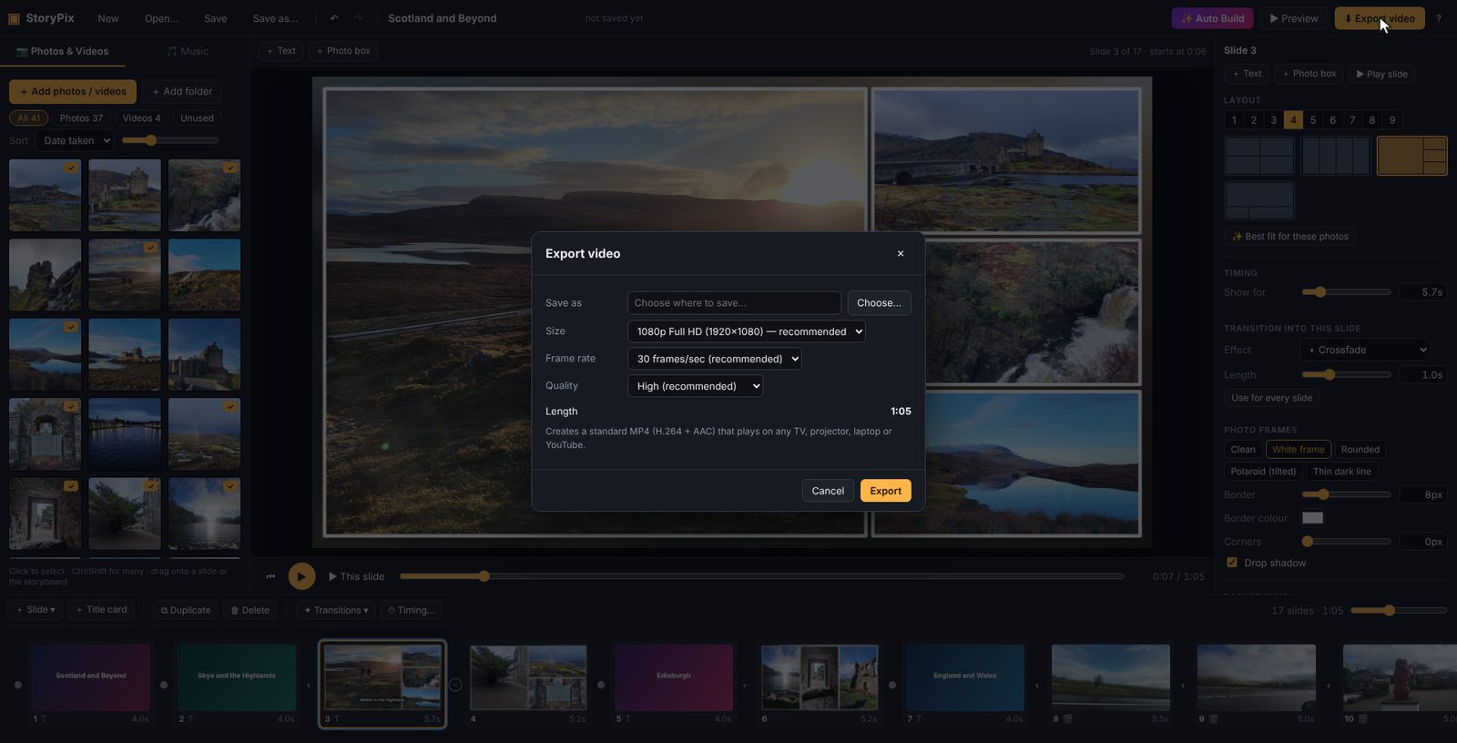 The Export video window with 1080p Full HD, 30 frames per second and high quality selected