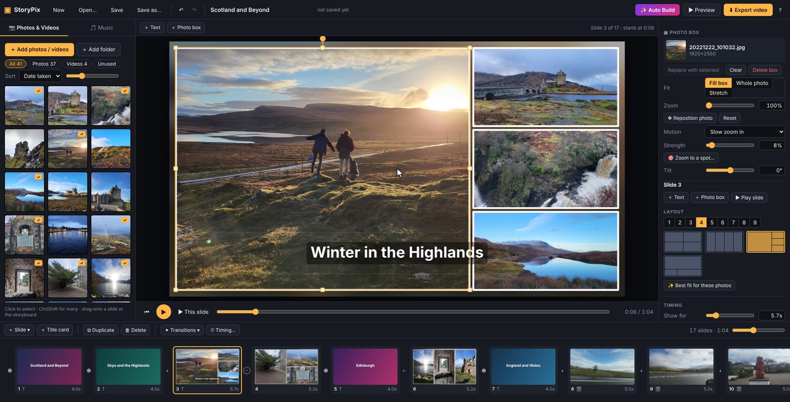 A collage slide with the caption 'Winter in the Highlands' added in the lower left