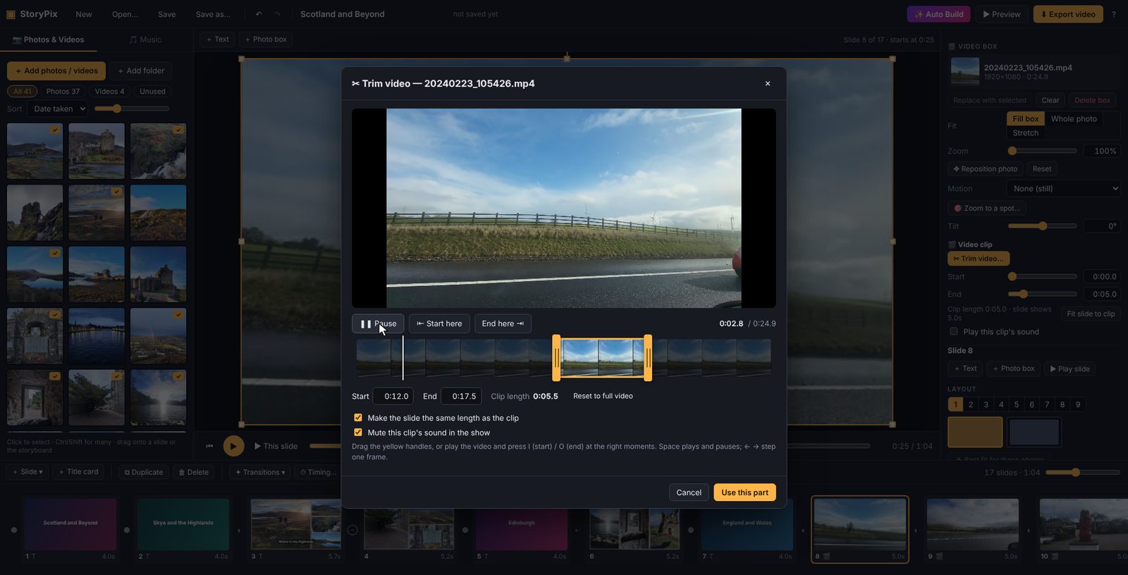 The Trim video window with the clip playing and handles set to keep twelve to seventeen and a half seconds