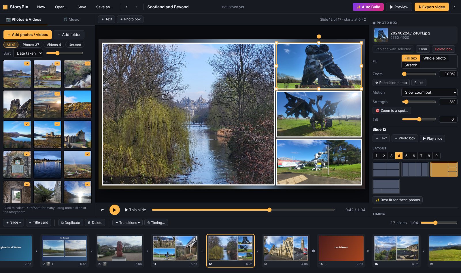 The StoryPix editor showing a four-photo collage with white frames, the photo library on the left, settings on the right and the storyboard along the bottom
