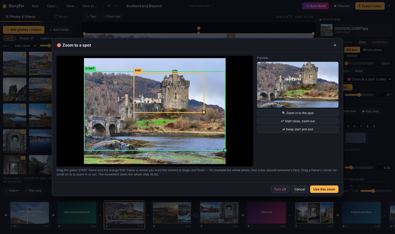 The Zoom to a spot window with a green start frame around the whole photo of a castle and an orange end frame around the castle keep
